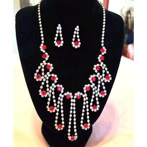 Red Glass Rhinestones Bib Drape Necklace And Earring Set Statement Party Luxury
